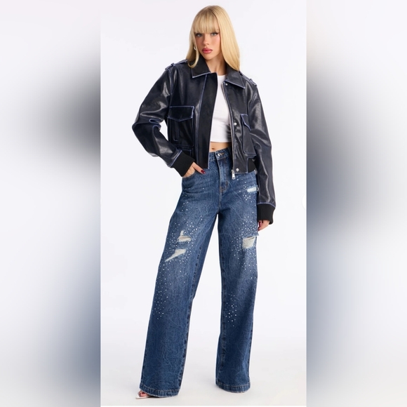 Fashion Nova Blue Distressed High Waist/Wide Leg Jeans With Sequin Size 15 - Picture 2 of 6